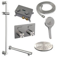 Brauer Brauer Brushed Carving Regendoucheset: Thermostatische Inbouwkraan met Drukknoppen, Rechte Wandarm, Douchekop 20cm, Glijstang met Wateruitlaat, 3-Standen Handdouche & Doucheslang - Set 67 - Geribbeld Draaiknoppen - PVD - Geborsteld RVS