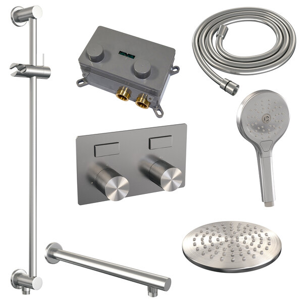 Brauer Brauer Brushed Carving Regendoucheset: Thermostatische Inbouwkraan met Drukknoppen, Rechte Wandarm, Douchekop 20cm, Glijstang met Wateruitlaat, 3-Standen Handdouche & Doucheslang - Set 67 - Geribbeld Draaiknoppen - PVD - Geborsteld RVS