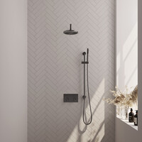 Brauer Brauer Gunmetal Carving Regendoucheset: Thermostatische Inbouwkraan met Drukknoppen, Gebogen Wandarm, Douchekop 20cm, Glijstang met Wateruitlaat, Staafhanddouche & Doucheslang - Set 63 - Geribbeld Draaiknoppen - PVD - Geborsteld Gunmetal