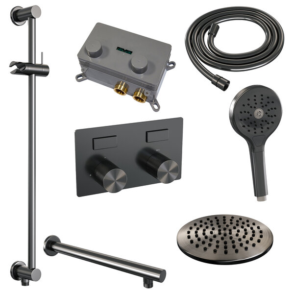 Brauer Brauer Gunmetal Carving Regendoucheset: Thermostatische Inbouwkraan met Drukknoppen, Rechte Wandarm, Douchekop 20cm, Glijstang met Wateruitlaat, 3-Standen Handdouche & Doucheslang - Set 67 - Geribbeld Draaiknoppen - PVD - Geborsteld Gunmetal