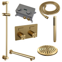 Brauer Brauer Gold Carving Regendoucheset: Thermostatische Inbouwkraan met Drukknoppen, Rechte Wandarm, Douchekop 20cm, Glijstang met Wateruitlaat, Staafhanddouche & Doucheslang - Set 61 - Geribbeld Draaiknoppen - PVD - Geborsteld Goud