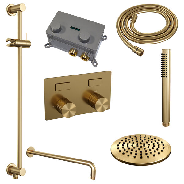 Brauer Brauer Gold Carving Regendoucheset: Thermostatische Inbouwkraan met Drukknoppen, Gebogen Wandarm, Douchekop 20cm, Glijstang met Wateruitlaat, Staafhanddouche & Doucheslang - Set 63 - Geribbeld Draaiknoppen - PVD - Geborsteld Goud