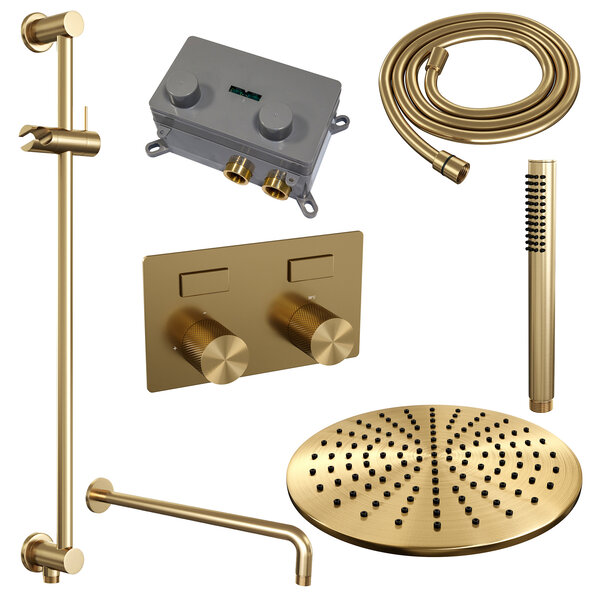 Brauer Brauer Gold Carving Regendoucheset: Thermostatische Inbouwkraan met Drukknoppen, Gebogen Wandarm, Douchekop Ø30cm, Glijstang met Wateruitlaat, Staafhanddouche & Doucheslang - Set 64 - Geribbeld Draaiknoppen - PVD - Geborsteld Goud