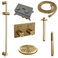 Brauer Brauer Gold Carving Regendoucheset: Thermostatische Inbouwkraan met Drukknoppen, Plafondarm, Douchekop 20cm, Glijstang met Wateruitlaat, Staafhanddouche & Doucheslang - Set 65 - Geribbeld Draaiknoppen - PVD - Geborsteld Goud