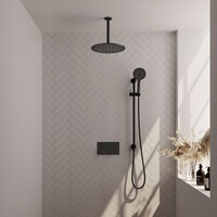 Brauer Brauer Black Carving Regendoucheset: Thermostatische Inbouwkraan met Drukknoppen, Plafondarm, Douchekop 30cm, Glijstang met Wateruitlaat, 3-Standen Handdouche & Doucheslang - Set 72 - Geribbeld Draaiknoppen - Mat Zwart