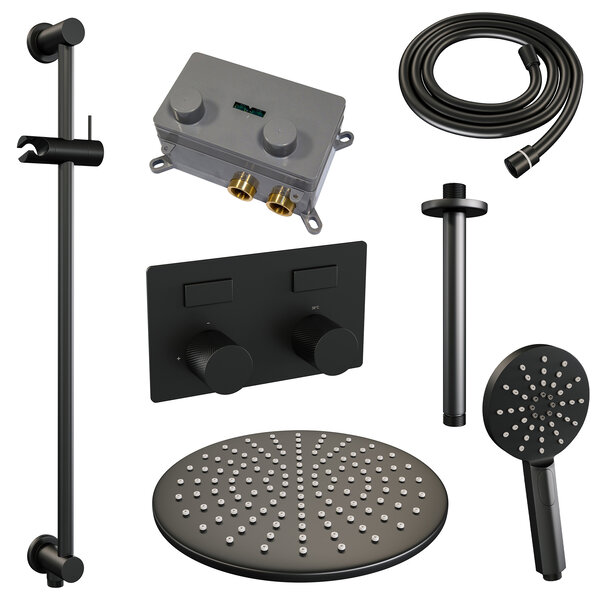 Brauer Brauer Black Carving Regendoucheset: Thermostatische Inbouwkraan met Drukknoppen, Plafondarm, Douchekop 30cm, Glijstang met Wateruitlaat, 3-Standen Handdouche & Doucheslang - Set 72 - Geribbeld Draaiknoppen - Mat Zwart