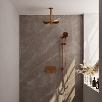 Brauer Brauer Copper Carving Regendoucheset: Thermostatische Inbouwkraan met Drukknoppen, Plafondarm, Douchekop 30cm, Glijstang met Wateruitlaat, 3-Standen Handdouche & Doucheslang - Set 72 - Geribbeld Draaiknoppen - PVD - Geborsteld Koper