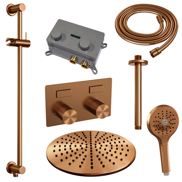 Brauer Brauer Copper Carving Regendoucheset: Thermostatische Inbouwkraan met Drukknoppen, Plafondarm, Douchekop 30cm, Glijstang met Wateruitlaat, 3-Standen Handdouche & Doucheslang - Set 72 - Geribbeld Draaiknoppen - PVD - Geborsteld Koper