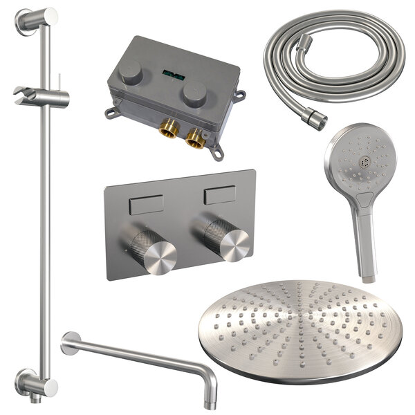 Brauer Brauer Brushed Carving Regendoucheset: Thermostatische Inbouwkraan met Drukknoppen, Gebogen Wandarm, Douchekop 30cm, Glijstang met Wateruitlaat, 3-Standen Handdouche & Doucheslang - Set 70 - Geribbeld Draaiknoppen - PVD - Geborsteld RVS