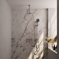 Brauer Brauer Brushed Carving Regendoucheset: Thermostatische Inbouwkraan met Drukknoppen, Plafondarm, Douchekop 20cm, Glijstang met Wateruitlaat, 3-Standen Handdouche & Doucheslang - Set 71 - Geribbeld Draaiknoppen - PVD - Geborsteld RVS