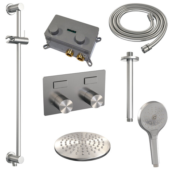 Brauer Brauer Brushed Carving Regendoucheset: Thermostatische Inbouwkraan met Drukknoppen, Plafondarm, Douchekop 20cm, Glijstang met Wateruitlaat, 3-Standen Handdouche & Doucheslang - Set 71 - Geribbeld Draaiknoppen - PVD - Geborsteld RVS