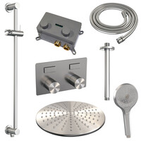 Brauer Brauer Brushed Carving Regendoucheset: Thermostatische Inbouwkraan met Drukknoppen, Plafondarm, Douchekop 30cm, Glijstang met Wateruitlaat, 3-Standen Handdouche & Doucheslang - Set 72 - Geribbeld Draaiknoppen - PVD - Geborsteld RVS