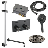Brauer Brauer Gunmetal Carving Regendoucheset: Thermostatische Inbouwkraan met Drukknoppen, Gebogen Wandarm, Douchekop 20cm, Glijstang met Wateruitlaat, 3-Standen Handdouche & Doucheslang - Set 69 - Geribbeld Draaiknoppen - PVD - Geborsteld Gunmetal