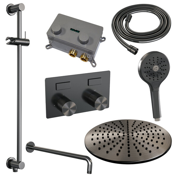 Brauer Brauer Gunmetal Carving Regendoucheset: Thermostatische Inbouwkraan met Drukknoppen, Gebogen Wandarm, Douchekop Ø30cm, Glijstang met Wateruitlaat, 3-Standen Handdouche & Doucheslang - Set 70 - Geribbeld Draaiknoppen - PVD - Geborsteld Gunmetal