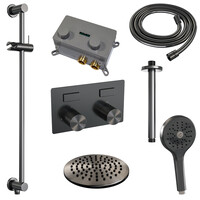 Brauer Brauer Gunmetal Carving Regendoucheset: Thermostatische Inbouwkraan met Drukknoppen, Plafondarm, Douchekop Ø20cm, Glijstang met Wateruitlaat, 3-Standen Handdouche & Doucheslang - Set 71 - Geribbeld Draaiknoppen - PVD - Geborsteld Gunmetal