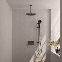 Brauer Brauer Gunmetal Carving Regendoucheset: Thermostatische Inbouwkraan met Drukknoppen, Plafondarm, Douchekop 30cm, Glijstang met Wateruitlaat, 3-Standen Handdouche & Doucheslang - Set 72 - Geribbeld Draaiknoppen - PVD - Geborsteld Gunmetal