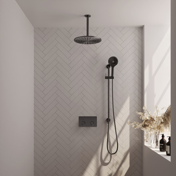 Brauer Brauer Gunmetal Carving Regendoucheset: Thermostatische Inbouwkraan met Drukknoppen, Plafondarm, Douchekop 30cm, Glijstang met Wateruitlaat, 3-Standen Handdouche & Doucheslang - Set 72 - Geribbeld Draaiknoppen - PVD - Geborsteld Gunmetal