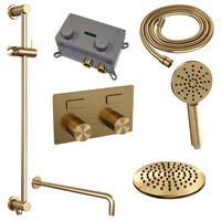 Brauer Brauer Gold Carving Regendoucheset: Thermostatische Inbouwkraan met Drukknoppen, Gebogen Wandarm, Douchekop 20cm, Glijstang met Wateruitlaat, 3-Standen Handdouche & Doucheslang - Set 69 - Geribbeld Draaiknoppen - PVD - Geborsteld Goud