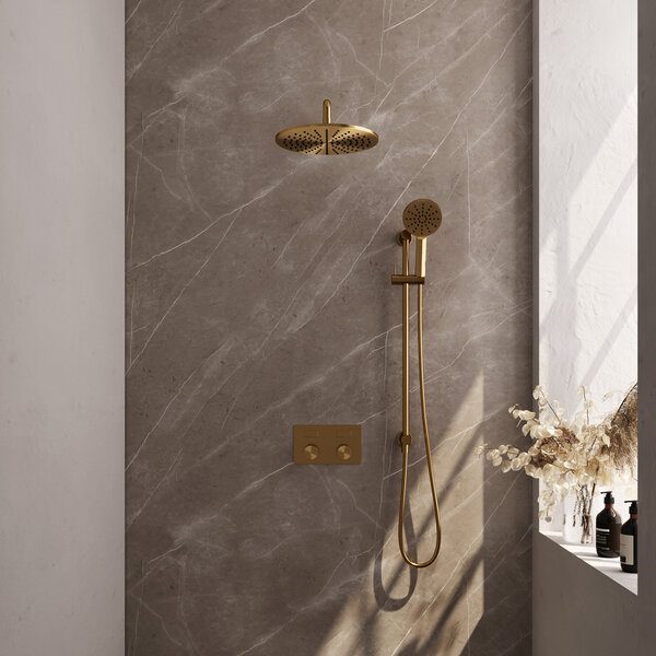 Brauer Brauer Gold Carving Regendoucheset: Thermostatische Inbouwkraan met Drukknoppen, Gebogen Wandarm, Douchekop 30cm, Glijstang met Wateruitlaat, 3-Standen Handdouche & Doucheslang - Set 70 - Geribbeld Draaiknoppen - PVD - Geborsteld Goud