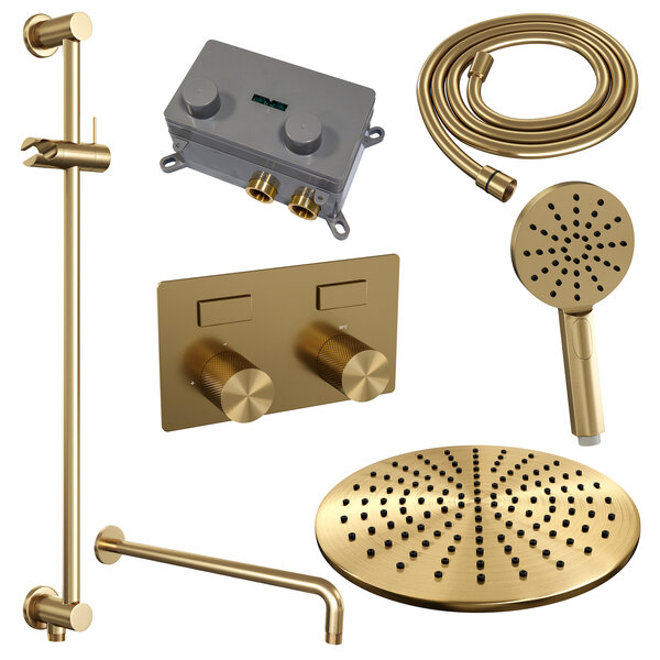 Brauer Brauer Gold Carving Regendoucheset: Thermostatische Inbouwkraan met Drukknoppen, Gebogen Wandarm, Douchekop 30cm, Glijstang met Wateruitlaat, 3-Standen Handdouche & Doucheslang - Set 70 - Geribbeld Draaiknoppen - PVD - Geborsteld Goud
