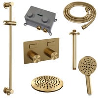 Brauer Brauer Gold Carving Regendoucheset: Thermostatische Inbouwkraan met Drukknoppen, Plafondarm, Douchekop Ø20cm, Glijstang met Wateruitlaat, 3-Standen Handdouche & Doucheslang - Set 71 - Geribbeld Draaiknoppen - PVD - Geborsteld Goud