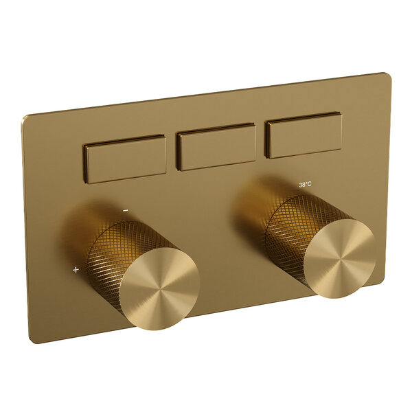 Brauer Brauer Gold Carving Thermostatisch Inbouwkraan met 3-Weg Omstel - 3 Drukknoppen & 2 Geribbeld Draaiknoppen - PVD - Geborsteld Goud