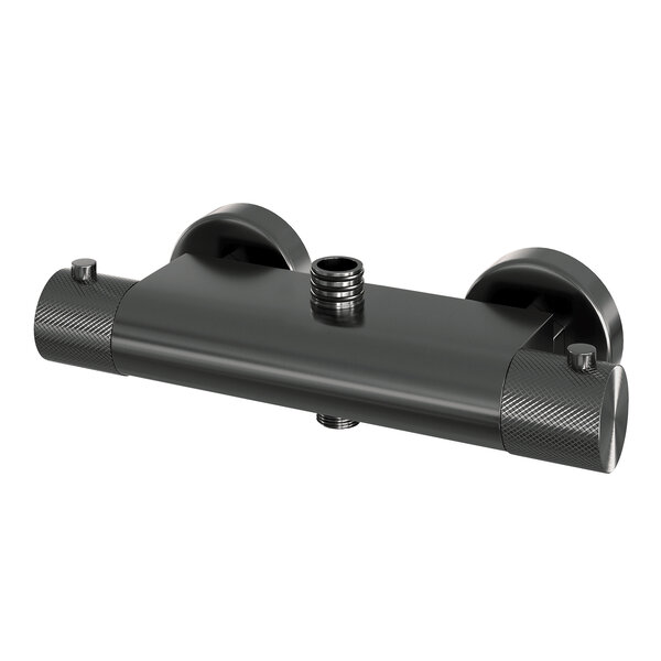 Brauer Brauer Gunmetal Carving Regendoucheset: Thermostatische Opbouwkraan met Stijgbuis, Douchekop 30cm, 3-Standen Handdouche & Doucheslang - Set 4 - Geribbeld Draaiknoppen - PVD - Geborsteld Gunmetal