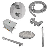Brauer Brauer Chrome Edition Regendoucheset: Thermostatische Inbouwkraan met 3-Weg Omstel, Rechte Wandarm, Douchekop 20cm, Wandaansluitbocht, Staafhanddouche & Doucheslang - Set 73 - Draaiknoppen - Chroom