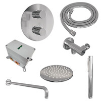 Brauer Brauer Chrome Edition Regendoucheset: Thermostatische Inbouwkraan met 3-Weg Omstel, Gebogen Wandarm, Douchekop 20cm, Wandaansluitbocht, Staafhanddouche & Doucheslang - Set 75 - Draaiknoppen - Chroom