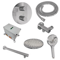 Brauer Brauer Chrome Edition Regendoucheset: Thermostatische Inbouwkraan met 3-Weg Omstel, Rechte Wandarm, Douchekop 20cm, Wandaansluitbocht, 3-Standen Handdouche & Doucheslang - Set 79 - Draaiknoppen - Chroom