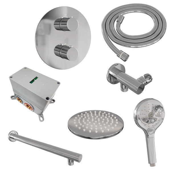 Brauer Brauer Chrome Edition Regendoucheset: Thermostatische Inbouwkraan met 3-Weg Omstel, Rechte Wandarm, Douchekop Ø20cm, Wandaansluitbocht, 3-Standen Handdouche & Doucheslang - Set 79 - Draaiknoppen - Chroom