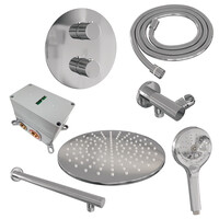 Brauer Brauer Chrome Edition Regendoucheset: Thermostatische Inbouwkraan met 3-Weg Omstel, Rechte Wandarm, Douchekop Ø30cm, Wandaansluitbocht, 3-Standen Handdouche & Doucheslang - Set 80 - Draaiknoppen - Chroom