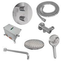 Brauer Brauer Chrome Edition Regendoucheset: Thermostatische Inbouwkraan met 3-Weg Omstel, Gebogen Wandarm, Douchekop 20cm, Wandaansluitbocht, 3-Standen Handdouche & Doucheslang - Set 81 - Draaiknoppen - Chroom