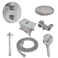 Brauer Brauer Chrome Edition Regendoucheset: Thermostatische Inbouwkraan met 3-Weg Omstel, Plafondarm, Douchekop 20cm, Wandaansluitbocht, 3-Standen Handdouche & Doucheslang - Set 83 - Draaiknoppen - Chroom