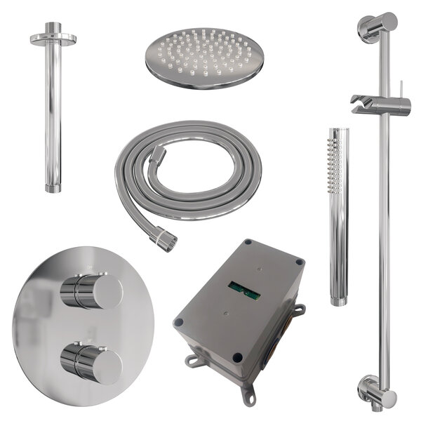 Brauer Brauer Chrome Edition Regendoucheset: Thermostatische Inbouwkraan met 3-Weg Omstel, Plafondarm, Douchekop 20cm, Geintegreerde Glijstang, Staafhanddouche & Doucheslang - Set 89 - Draaiknoppen - Chroom