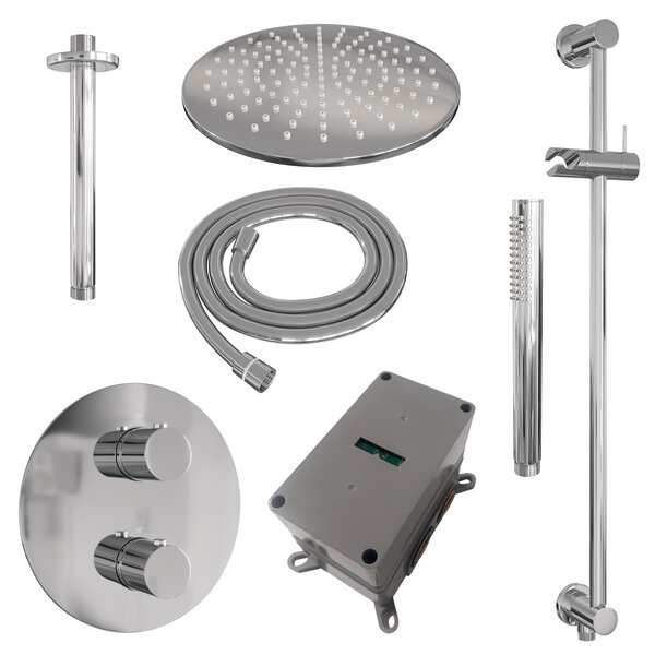 Brauer Brauer Chrome Edition Regendoucheset: Thermostatische Inbouwkraan met 3-Weg Omstel, Plafondarm, Douchekop 30cm, Geintegreerde Glijstang, Staafhanddouche & Doucheslang - Set 90 - Draaiknoppen - Chroom