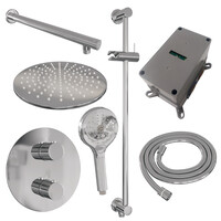 Brauer Brauer Chrome Edition Regendoucheset: Thermostatische Inbouwkraan met 3-Weg Omstel, Rechte Wandarm, Douchekop 30cm, Geintegreerde Glijstang, 3-Standen Handdouche & Doucheslang - Set 92 - Draaiknoppen - Chroom
