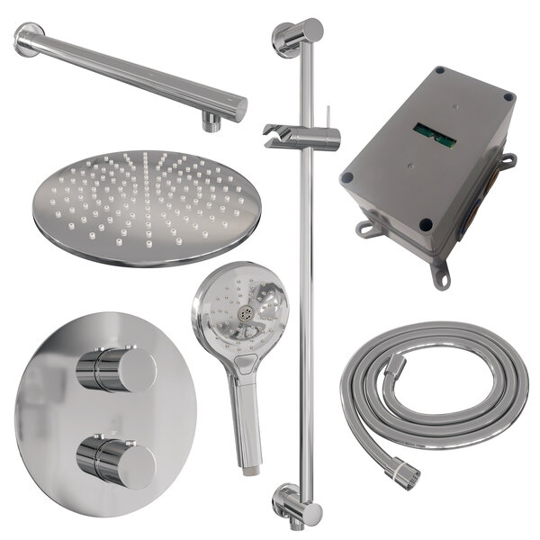 Brauer Brauer Chrome Edition Regendoucheset: Thermostatische Inbouwkraan met 3-Weg Omstel, Rechte Wandarm, Douchekop 30cm, Geintegreerde Glijstang, 3-Standen Handdouche & Doucheslang - Set 92 - Draaiknoppen - Chroom