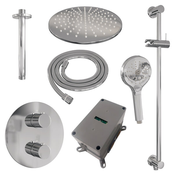 Brauer Brauer Chrome Edition Regendoucheset: Thermostatische Inbouwkraan met 3-Weg Omstel, Plafondarm, Douchekop Ø30cm, Geintegreerde Glijstang, 3-Standen Handdouche & Doucheslang - Set 96 - Draaiknoppen - Chroom