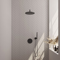 Brauer Brauer Black Edition Regendoucheset: Thermostatische Inbouwkraan met 3-Weg Omstel, Gebogen Wandarm, Douchekop 30cm, Wandaansluitbocht, Staafhanddouche & Doucheslang - Set 76 - Draaiknoppen - Mat Zwart