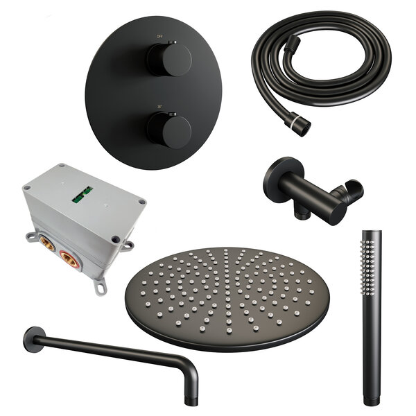 Brauer Brauer Black Edition Regendoucheset: Thermostatische Inbouwkraan met 3-Weg Omstel, Gebogen Wandarm, Douchekop 30cm, Wandaansluitbocht, Staafhanddouche & Doucheslang - Set 76 - Draaiknoppen - Mat Zwart