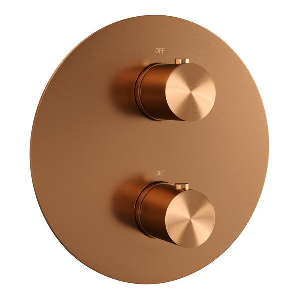 Brauer Brauer Copper Edition Regendoucheset: Thermostatische Inbouwkraan met 3-Weg Omstel, Rechte Wandarm, Douchekop Ø20cm, Wandaansluitbocht, Staafhanddouche & Doucheslang - Set 73 - Draaiknoppen - Geborsteld Koper