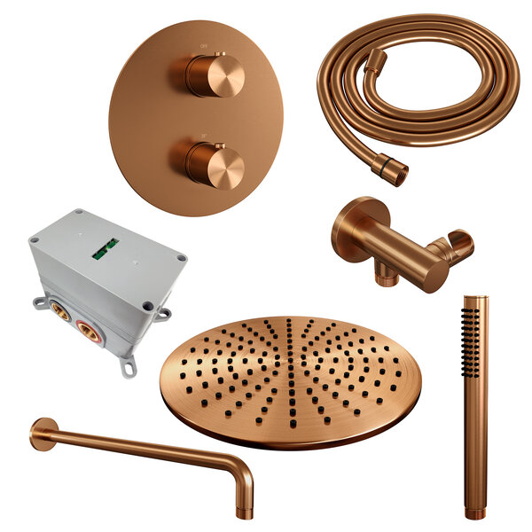 Brauer Brauer Copper Edition Regendoucheset: Thermostatische Inbouwkraan met 3-Weg Omstel, Gebogen Wandarm, Douchekop Ø30cm, Wandaansluitbocht, Staafhanddouche & Doucheslang - Set 76 - Draaiknoppen - Geborsteld Koper