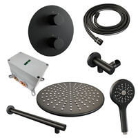 Brauer Brauer Black Edition Regendoucheset: Thermostatische Inbouwkraan met 3-Weg Omstel, Rechte Wandarm, Douchekop Ø30cm, Wandaansluitbocht, 3-Standen Handdouche & Doucheslang - Set 80 - Draaiknoppen - Mat Zwart