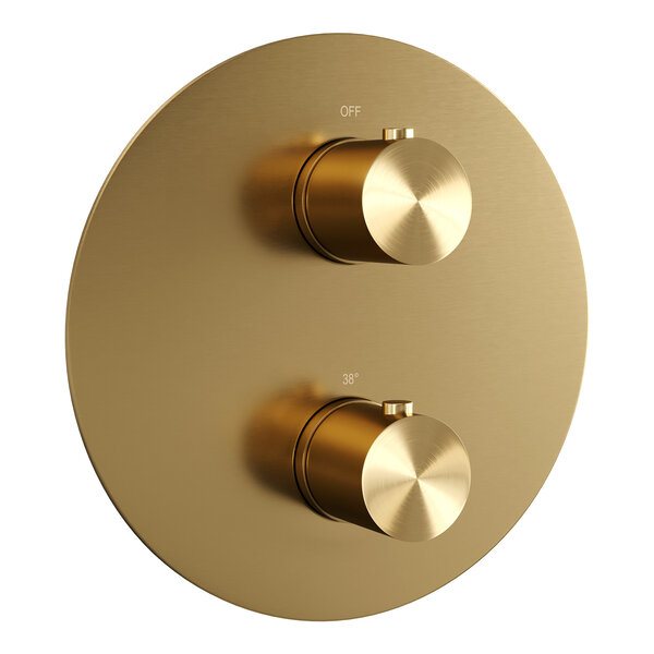 Brauer Brauer Gold Edition Regendoucheset: Thermostatische Inbouwkraan met 3-Weg Omstel, Rechte Wandarm, Douchekop Ø20cm, Wandaansluitbocht, Staafhanddouche & Doucheslang - Set 73 - Draaiknoppen - Geborsteld Goud