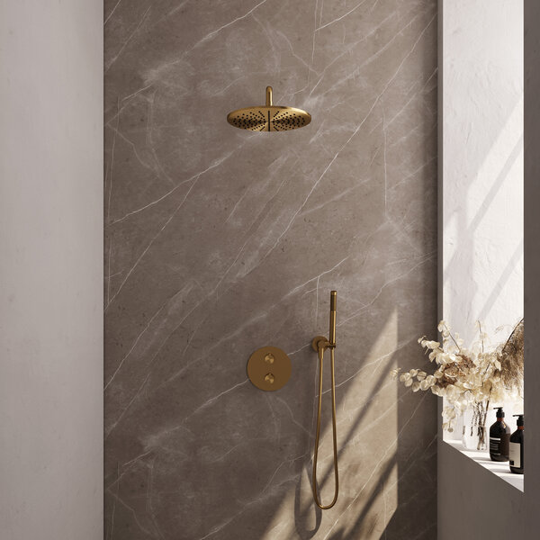 Brauer Brauer Gold Edition Regendoucheset: Thermostatische Inbouwkraan met 3-Weg Omstel, Gebogen Wandarm, Douchekop 30cm, Wandaansluitbocht, Staafhanddouche & Doucheslang - Set 76 - Draaiknoppen - Geborsteld Goud