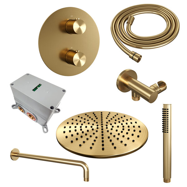 Brauer Brauer Gold Edition Regendoucheset: Thermostatische Inbouwkraan met 3-Weg Omstel, Gebogen Wandarm, Douchekop 30cm, Wandaansluitbocht, Staafhanddouche & Doucheslang - Set 76 - Draaiknoppen - Geborsteld Goud