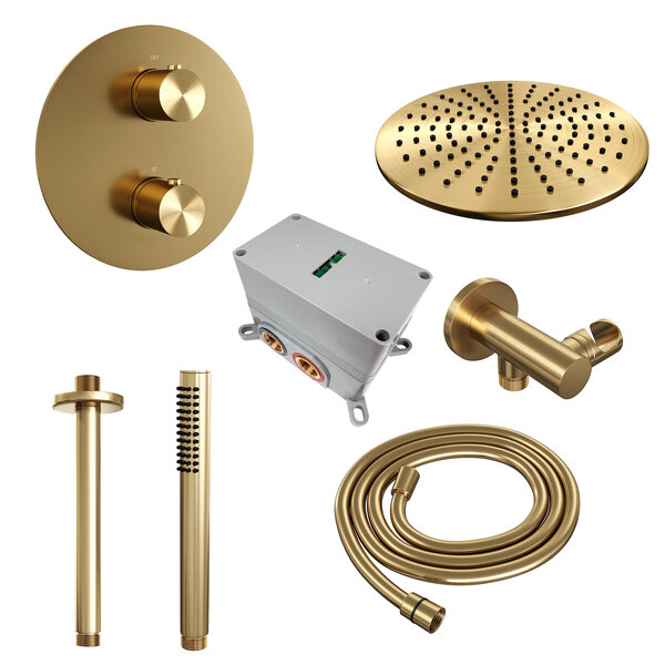 Brauer Brauer Gold Edition Regendoucheset: Thermostatische Inbouwkraan met 3-Weg Omstel, Plafondarm, Douchekop Ø30cm, Wandaansluitbocht, Staafhanddouche & Doucheslang - Set 78 - Draaiknoppen - Geborsteld Goud