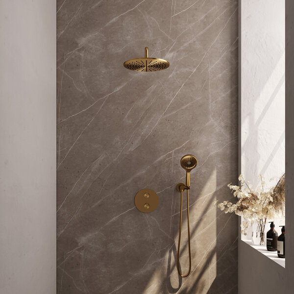 Brauer Brauer Gold Edition Regendoucheset: Thermostatische Inbouwkraan met 3-Weg Omstel, Gebogen Wandarm, Douchekop 30cm, Wandaansluitbocht, 3-Standen Handdouche & Doucheslang - Set 82 - Draaiknoppen - Geborsteld Goud
