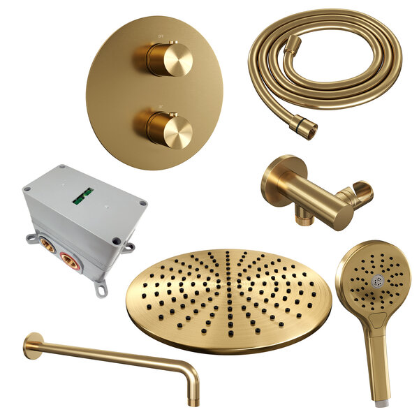 Brauer Brauer Gold Edition Regendoucheset: Thermostatische Inbouwkraan met 3-Weg Omstel, Gebogen Wandarm, Douchekop 30cm, Wandaansluitbocht, 3-Standen Handdouche & Doucheslang - Set 82 - Draaiknoppen - Geborsteld Goud